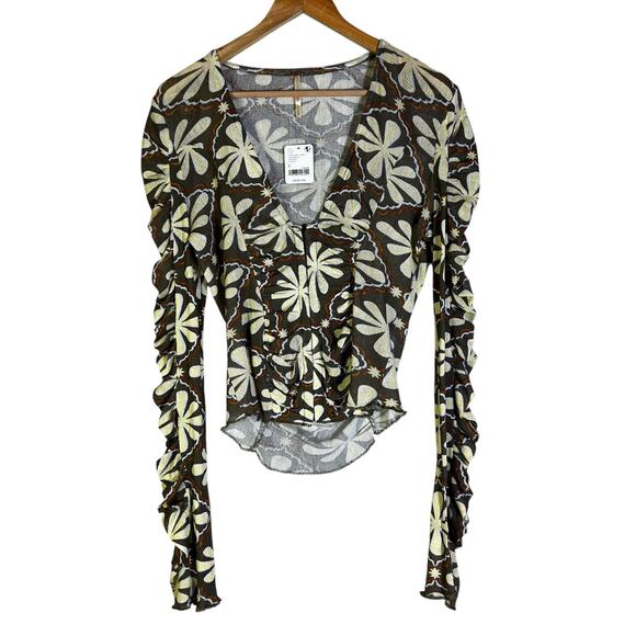 NWT Free People Through the Meadow Top Womens S Dried Basil Combo Floral Ruffle - Picture 2 of 6
